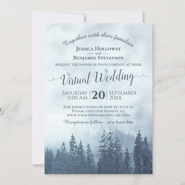 Misty Blue Mountains Rustic Virtual Wedding Invitation (Front)