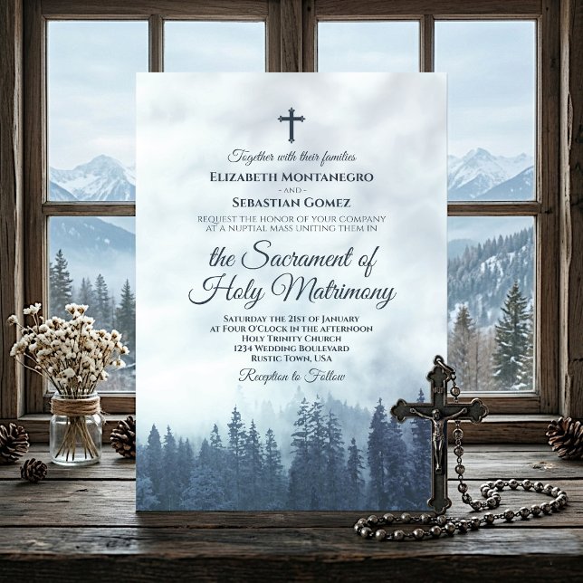 Misty Blue Pine Forest Modern Catholic Wedding Inv Invitation (Creator Uploaded)