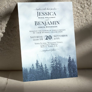 Misty Blue Pine Forest Rustic Outdoors Wedding Invitation