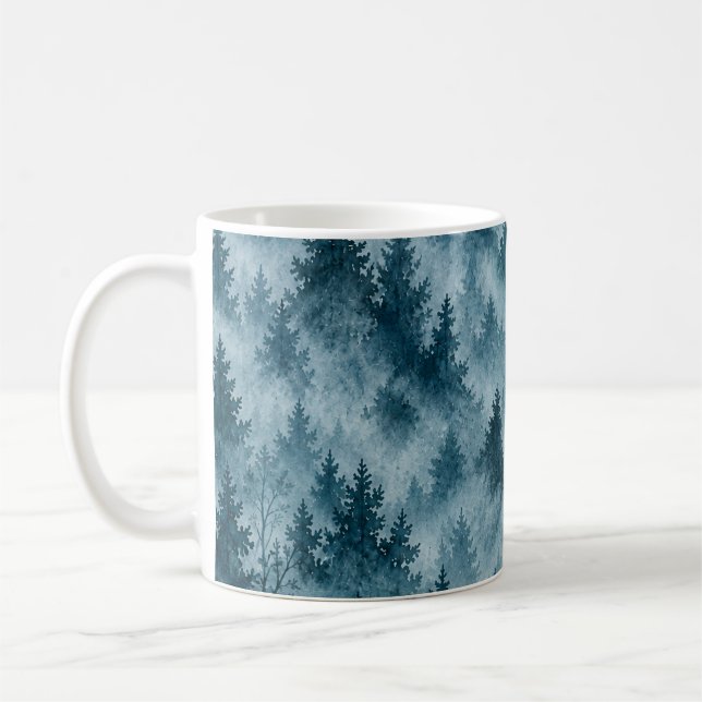 Misty Blue Pine Forest Watercolor Pattern Coffee Mug (Left)