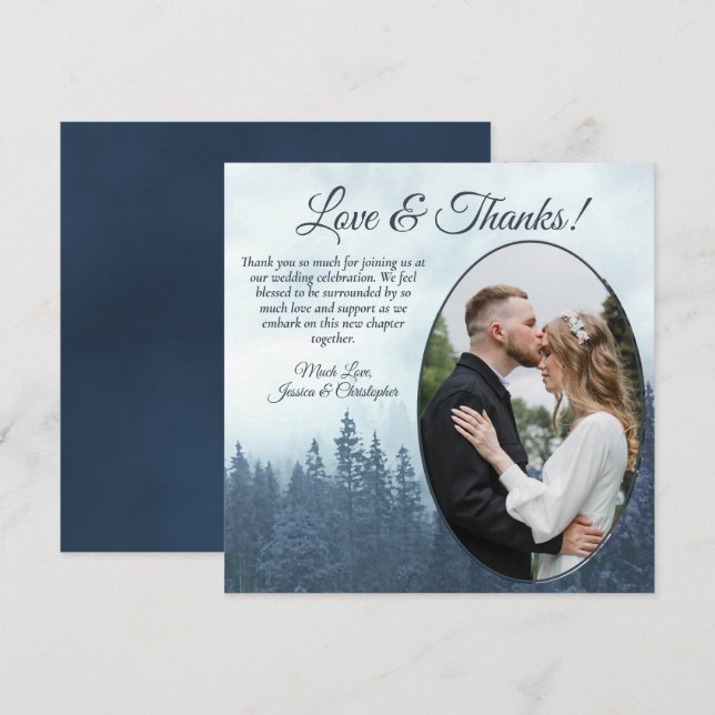 Misty Blue Pine Trees Rustic Wedding Oval Photo Thank You Card (Front/Back)