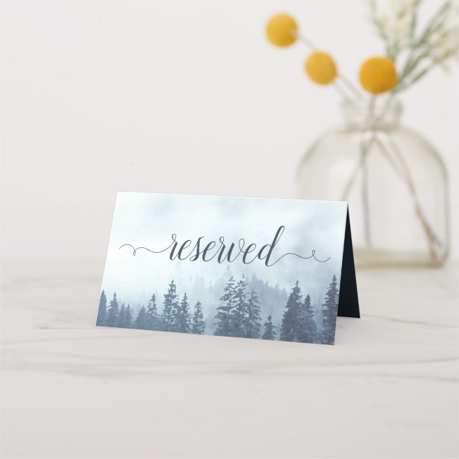 Misty Blue Pine Trees Rustic Wedding Reserved Place Card (Front)