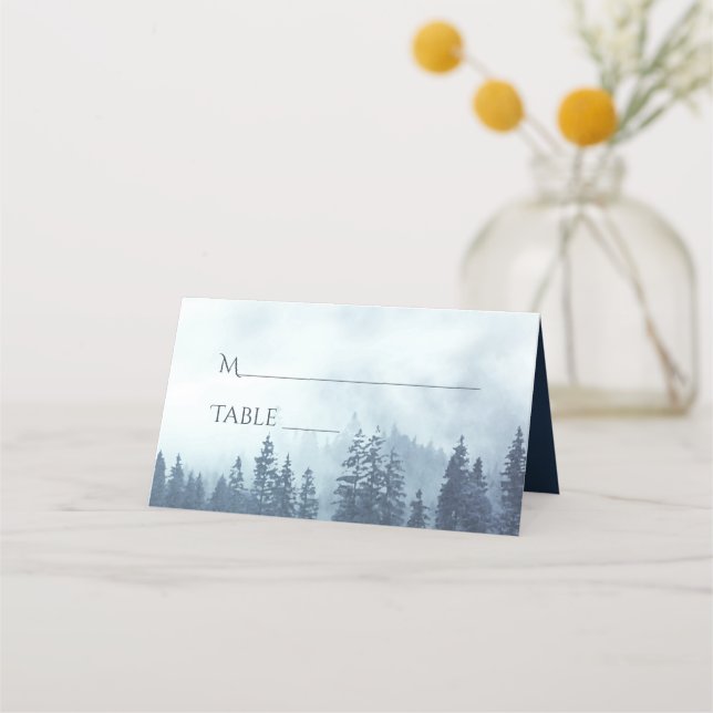 Misty Blue Pine Trees Rustic Wedding Write-In Place Card (Front)