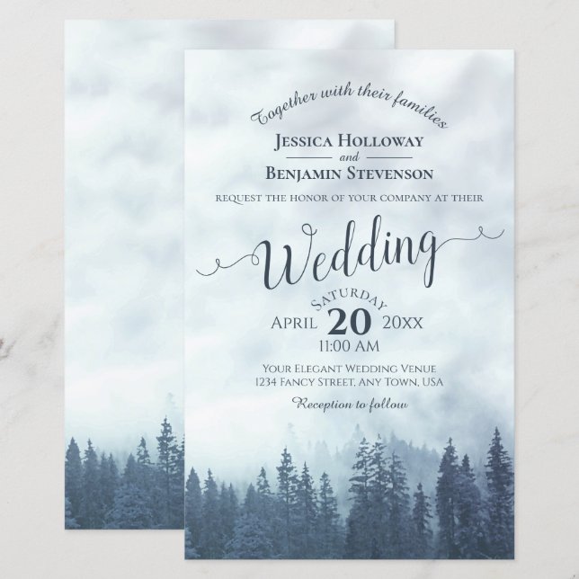 Misty Blue Pines BUDGET Wedding Invitation (Front/Back)