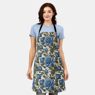 Misty Blue Roses And Green Leaves, Apron