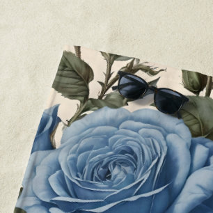 Misty Blue Roses And Green Leaves, Beach Towel