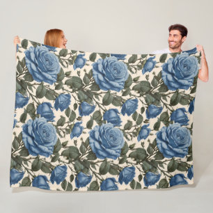 Misty Blue Roses And Green Leaves, Fleece Blanket