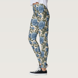 Misty Blue Roses And Green Leaves, Leggings