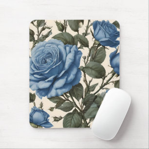 Misty Blue Roses And Green Leaves, Mouse Mat