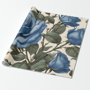 Misty Blue Roses And Green Leaves, Wrapping Paper