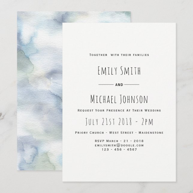 Misty Blue Watercolor Wedding Invitation Elegant (Front/Back)