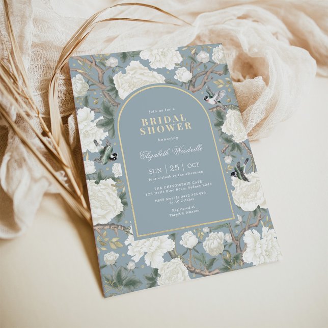 Misty Blue White Chinoiserie Floral Bridal Shower Invitation (Creator Uploaded)