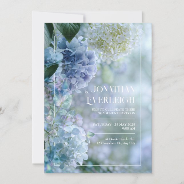 Misty Blue White Hydrangea Garden Frame Wedding Invitation (Front)