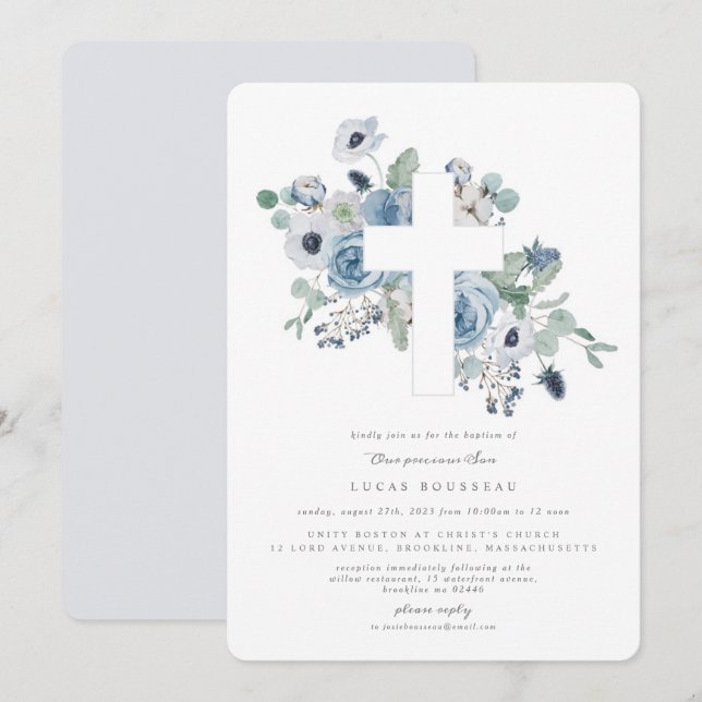 Misty Blues Cross Baptism Christening Invitation (Front/Back)