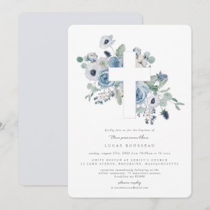 Misty Blues Cross Baptism Christening Invitation