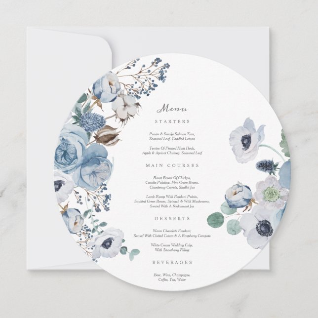Misty Blues Roses Anemones Circle Menu Card (Front)