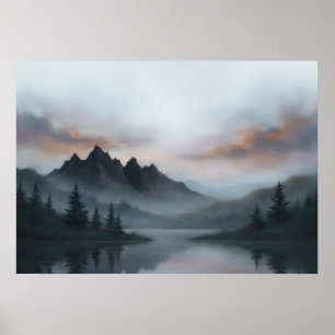 Misty Charcoal Mountain Lake Pine Forest Dawn Poster