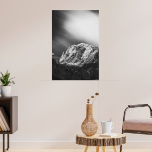 Misty clouds over the mountains in black and white poster