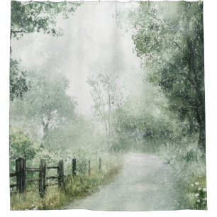Misty Country Road Forest Path Landscape (1) Shower Curtain