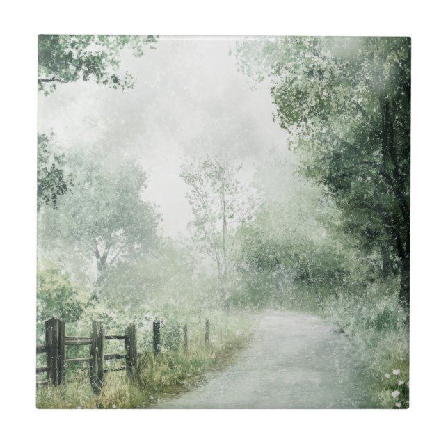 Misty Country Road Forest Path Landscape (1) Tile (Front)