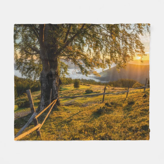 Misty Dawn in a Forest Fleece Blanket (Front (Horizontal))