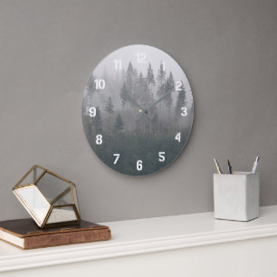 Misty Evergreen Forest Landscape Large Clock