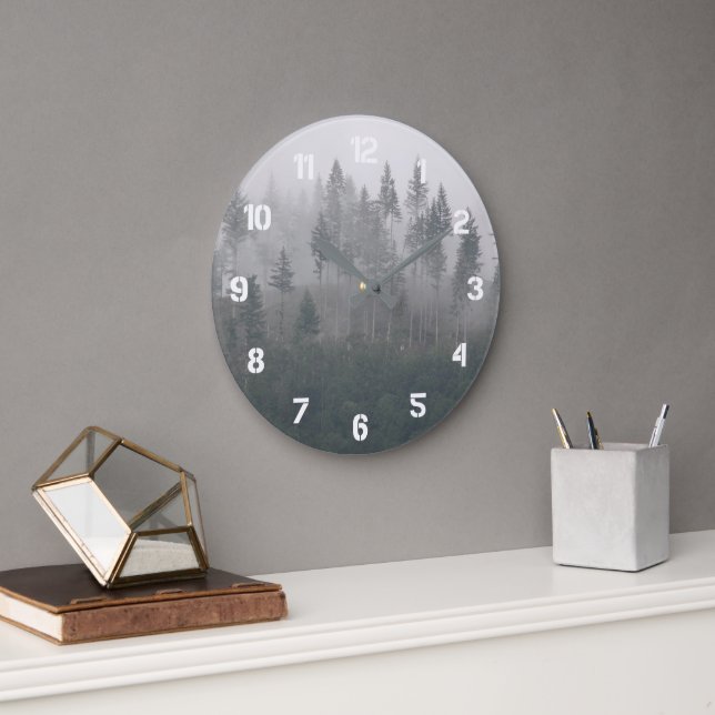 Misty Evergreen Forest Landscape Large Clock (Office)