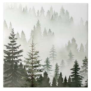 Misty Evergreen Forest Watercolor Tile