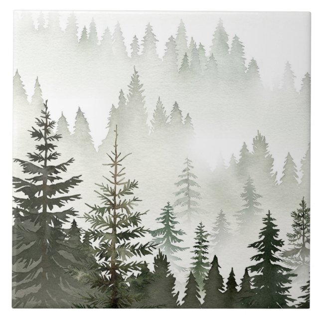 Misty Evergreen Forest Watercolor Tile (Front)