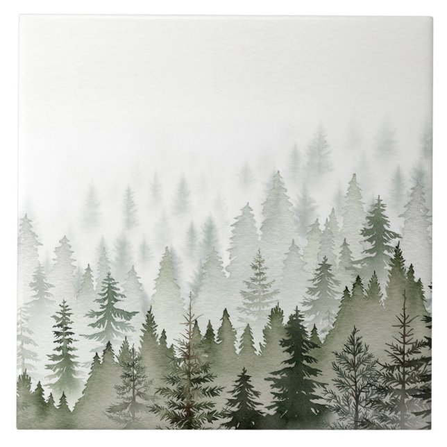 Misty Evergreen Forest Watercolor Tile (Front)