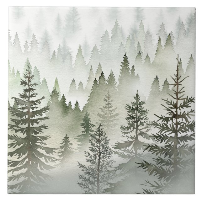 Misty Evergreen Forest Watercolor Tile (Front)
