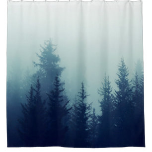 Misty fog in pine forest on mountain slopes. Colou Shower Curtain