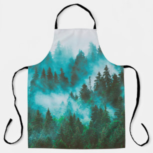 Misty foggy mountain landscape with fir forest and apron