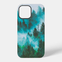 Misty foggy mountain landscape with fir forest and