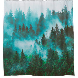 Misty foggy mountain landscape with fir forest and shower curtain