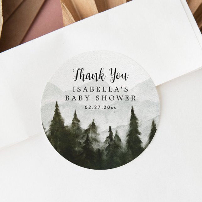Misty Forest Baby Shower Thank You Classic Round Sticker (Creator Uploaded)