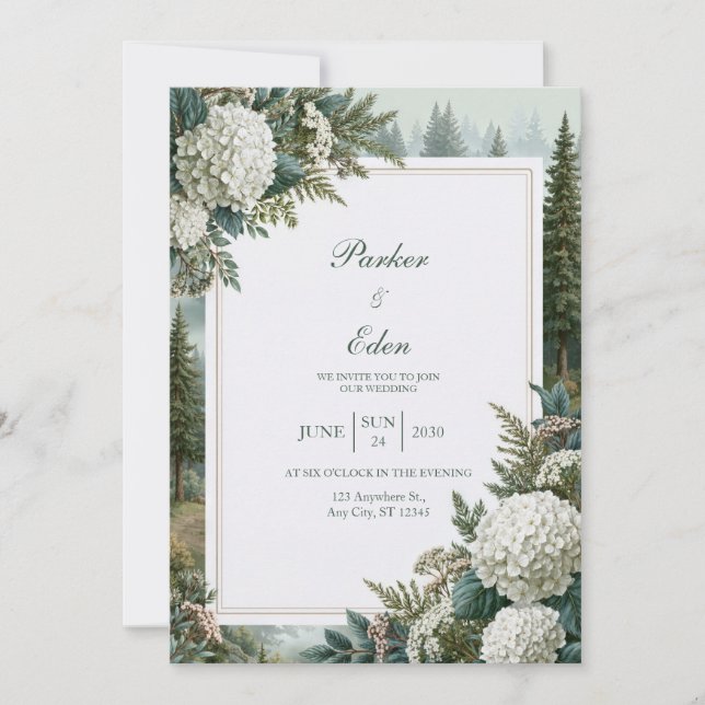 Misty Forest Hydrangea Wedding Invitation (Front)