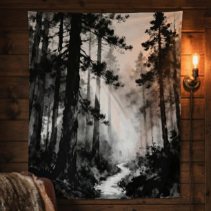 Misty Forest Path Tapestry   Sunlight Through Pine