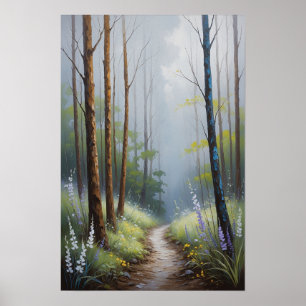 Misty Forest Path with Sunlight Atmospheric Nature Poster