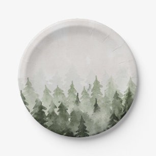 Misty Forest Pine Trees Paper Plate