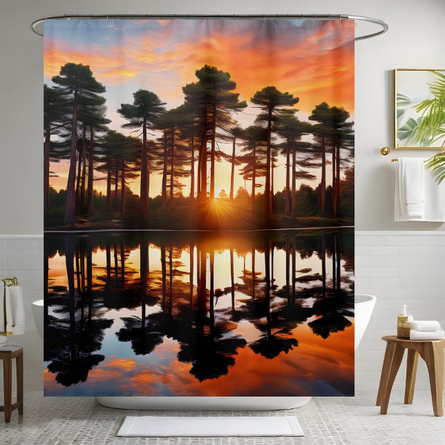 Misty Forest Sunset Pine Trees Woodland Wilderness Shower Curtain (Creator Uploaded)
