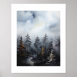 Misty Forest Trees View Painting Poster