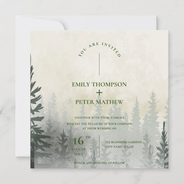 Misty Forest Watercolor Trees Romantic Wedding (Front)