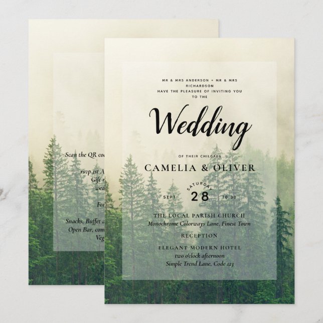 Misty Green Forest mountain Pine Trees Wedding Invitation (Front/Back)