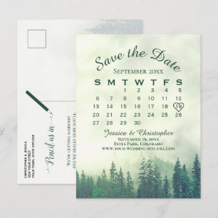 Misty Green Forest Wedding Save the Date Calendar Announcement Postcard