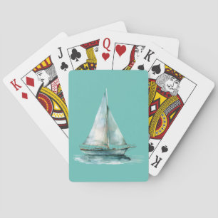 Misty Green Sailboat - Watercolor Yacht Design Playing Cards