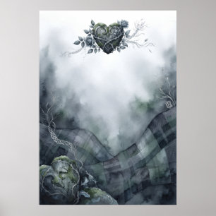 Misty Green Tartan Celtic Heart Watercolor Poster