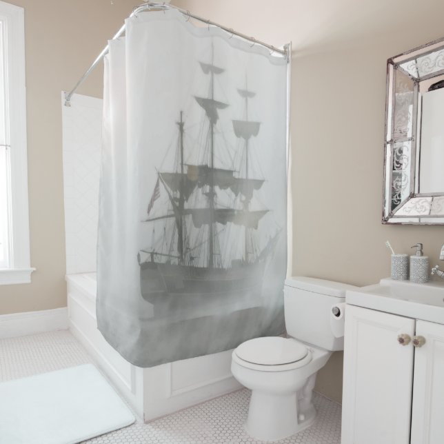 Misty Grey Foggy Old or Pirate Ship Art Shower Curtain (In Situ)