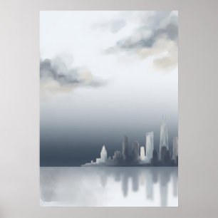 Misty Grey Waterfront City Skyline Poster