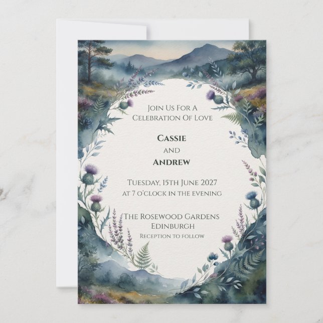 Misty Highland Thistle Wedding Invitation (Front)
